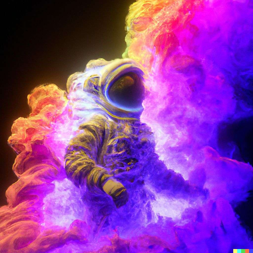 an astronaut made of very detailed curling wispy glowing multicolored smoke, digital art, volumetric, 3D render, Octane render